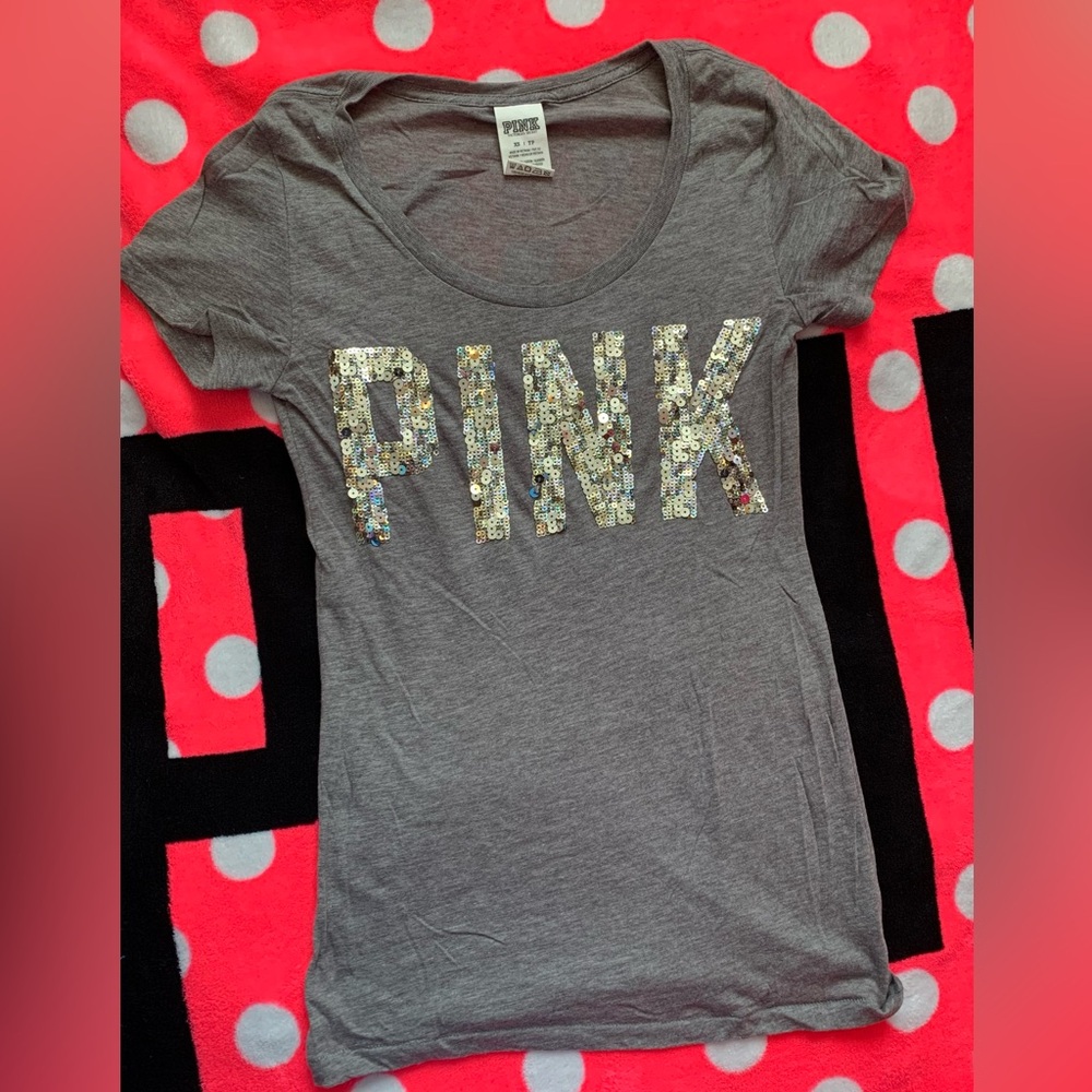 NWOT VS PINK Bling Silver Sequin SHEER Gray Tee XS